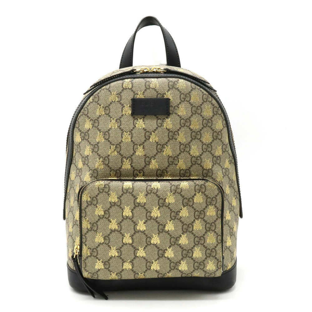 Gucci GG Supreme Bee Backpack Rucksack Daypack Leather Beige Cream Black Gold